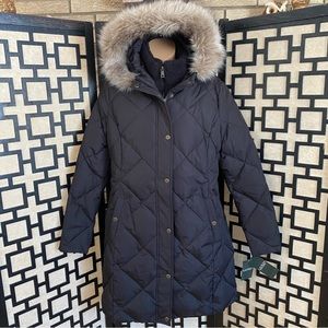 NWT Ralph Lauren Down Black Puffer Jacket Faux Fur Hood 3/4 Length Cold weather